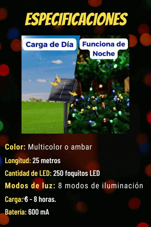 LUCES LED DECORATIVA CON PANEL SOLAR 25 M - DORADO